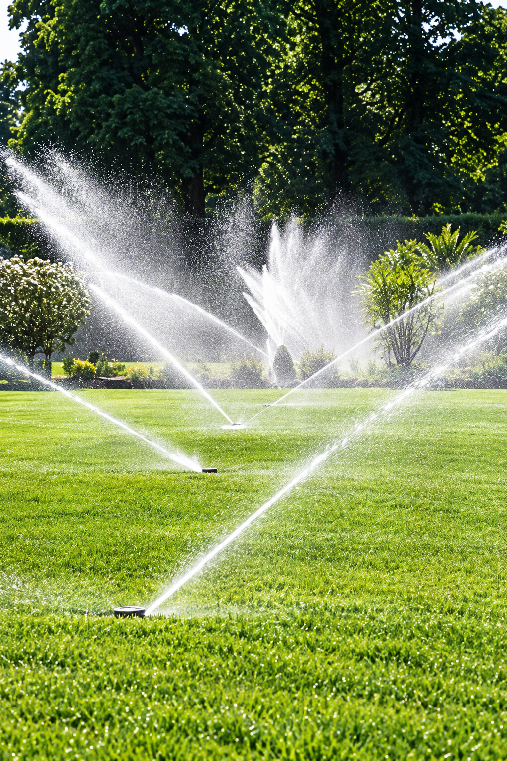 Sprinklers watering a green lawn