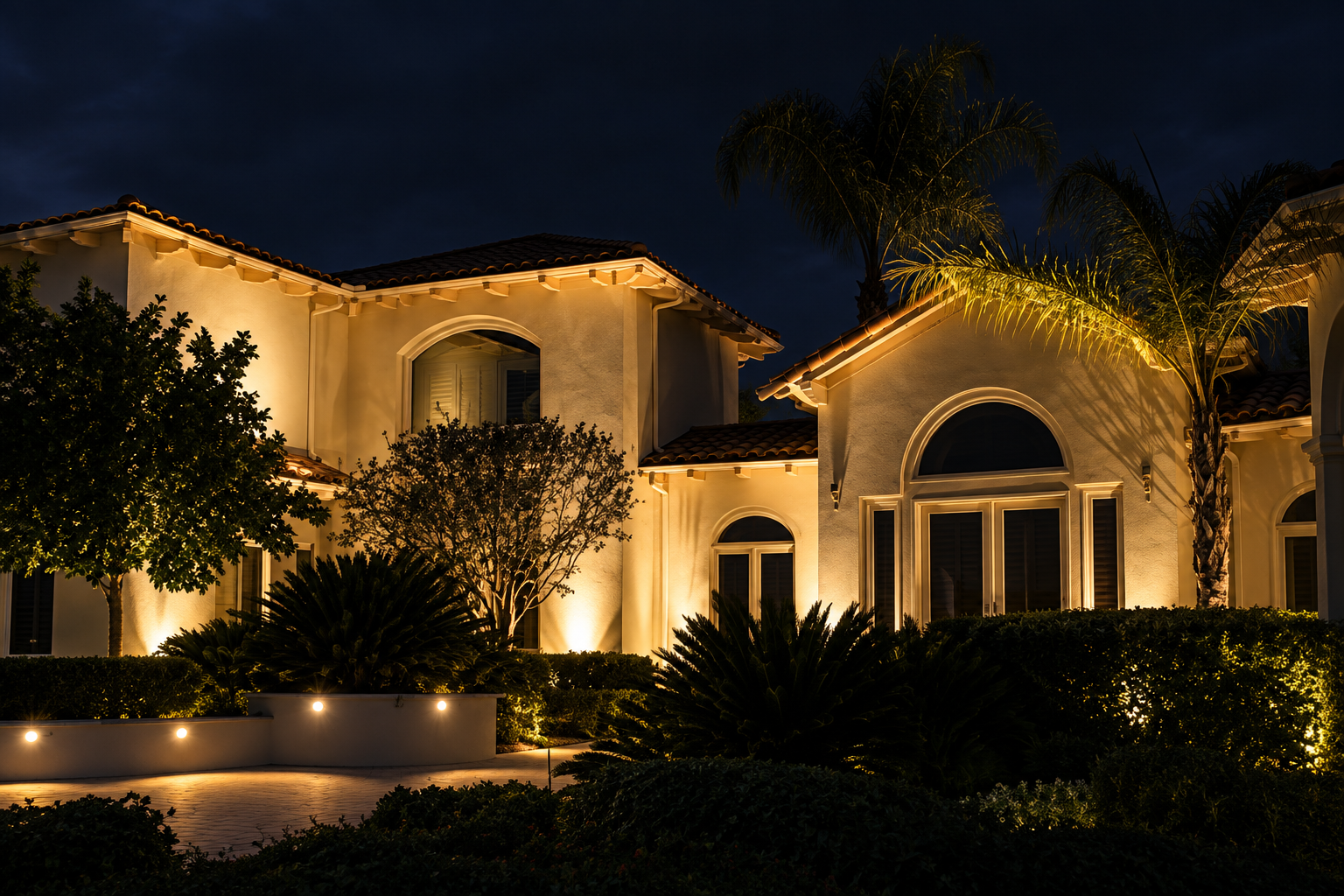 A home and surrounding landscaping illuminated at night